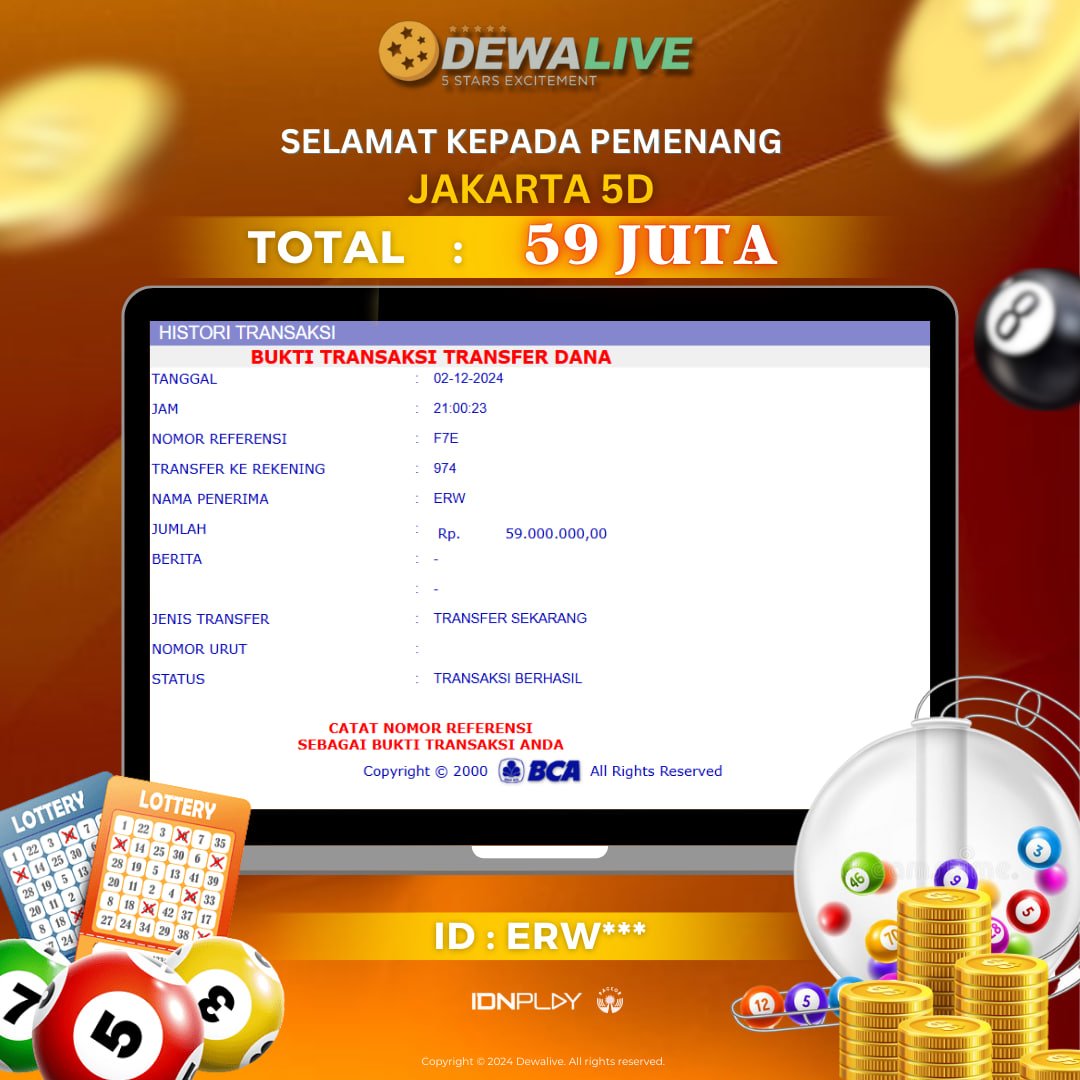 DEWALIVEOFF's tweet photo. DEWALIVE - INTERNASIONAL DEWA GRUP (IDN PLAY)
•
Selamat Kepada ID MEMBER : ERW*** Jackpot TOGEL di JAKARTA 5D dan Melakukan Withdraw 59 Juta dibayar LUNASS!!

Link Alternatif DEWALIVE : 🌐 https://t.co/rnWWdatIRn 📷 https://t.co/poLFplrhbx https://t.co/R0LXQBCd5G