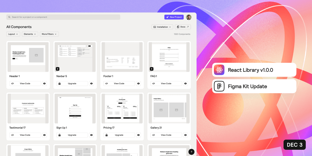 Happy December Component Day! 🎅💫

Here’s whats new to Relume:
→ Relume React Library v1.0.0 (full version)
→ Figma Kit Update

Learn more👇