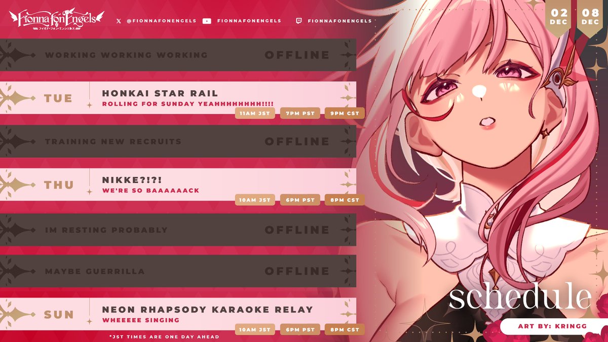 FionnafonEngels's tweet image. 💗🪽【Schedule･ DEC2-DEC8】🪽💗
We're so back we're so back we're so back we're so back!!!! Gonna roll for Sunday on Tuesday and then BACK 2 NIKKE!!! miss my wives xoxo