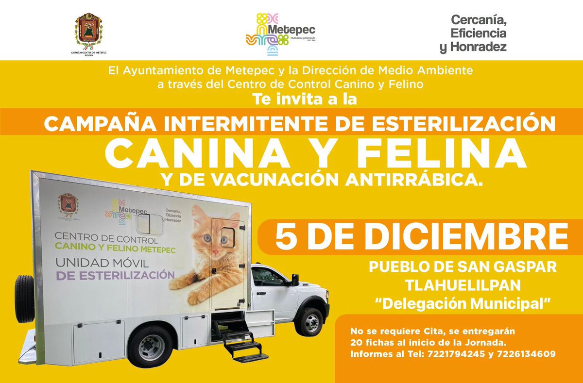 MetepecAmbiente's tweet photo. Acude a la “Séptima campaña móvil de esterilización canina y felina”, ahora también para perros y gatos en situación de calle. Recuerda que iniciamos en punto de las 9:00 horas. ¡No faltes!
#CiudadanosGobernando
#MetepetFriendly https://t.co/ChAHSqzqaW