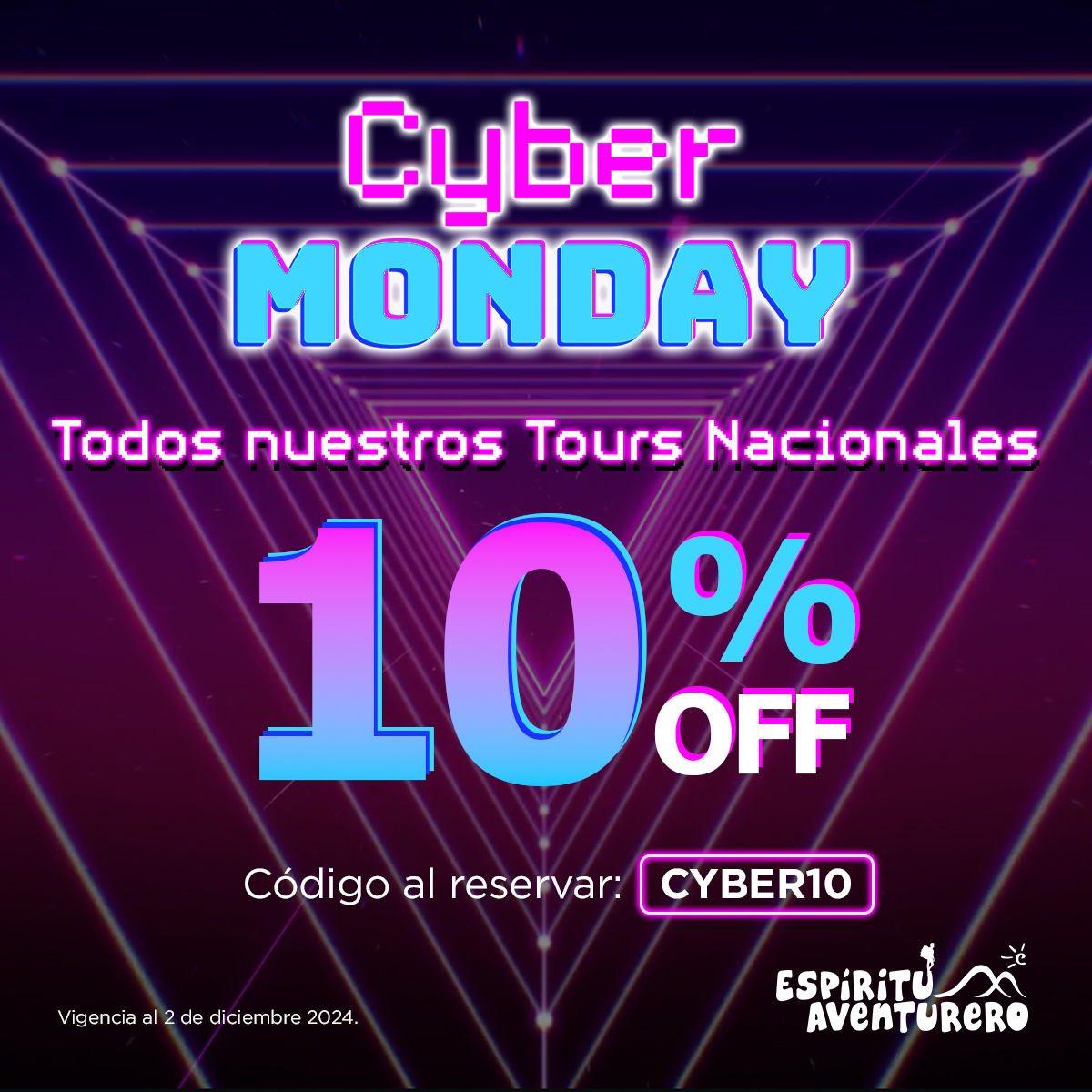 ¡El #CyberMonday2024 con Espíritu Aventurero ya está aquí! 🌟

Aprovecha un 10% de descuento en todos nuestros Tours Nacionales 🌍.

CHECA NUESTROS TOURS NACIONALES 🌍 esav.link/3E 🌍  

CYBER10 🎟 CYBER10 🎟 CYBER10 🎟 CYBER10 🎟 CYBER10 🎟

✅ Ahora puedes reservar