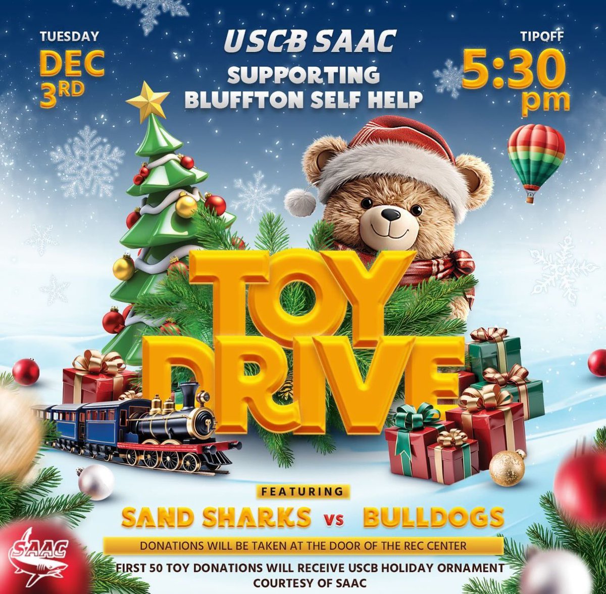 Get out to The Cove Tuesday night at 5:30 and help USCB SAAC support Bluffton Self Help. 

The first 50 toy donations will receive a USCB holiday ornament! 

🕰️ 5:30
🆚 Barton College
📍 The Cove