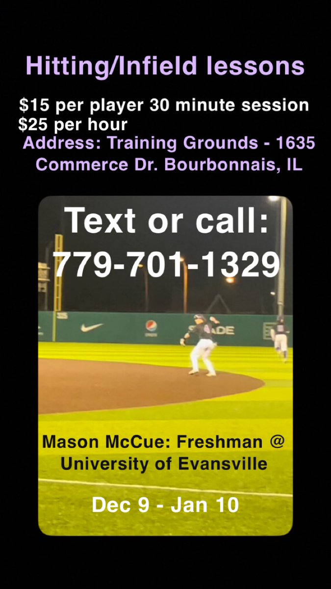 Mason McCue (@masonmccue2024) on Twitter photo I will be giving hitting and infield lessons out of the Braves facility, the Training Grounds, this winter starting December 9. Please text or call me at +1-779-701-1329 for details.
<a href="/BBBraves/">Bourbonnais Braves</a> I will be giving hitting and infield lessons out of the Braves facility, the Training Grounds, this winter starting December 9. Please text or call me at +1-779-701-1329 for details.
<a href="/BBBraves/">Bourbonnais Braves</a>