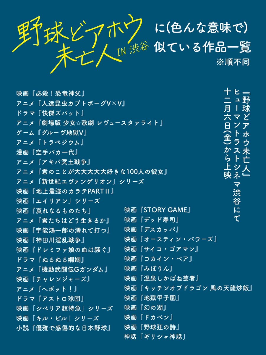 まもなく #ヒューマントラストシネマ渋谷  で上映が始まる『#野球どアホウ未亡人』。結局どアホウってどんな作品なの？という方に向けて、ネットの海を泳ぐ有識者たちが「(色んな意味 で)似ている！」と指摘した作品をまとめました。他作品に便乗してばかりのコバンザメ型 ...