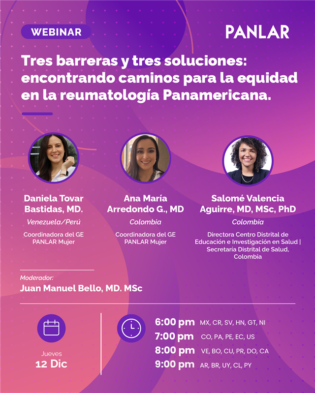 🌟 Webinar PANLAR Mujer 🌟
Únete a esta conversación clave sobre los retos y oportunidades para lograr una reumatología más equitativa en nuestra región. 
📅 Jueves 12 de diciembre 
Inscripción gratuita:
us02web.zoom.us/webinar/regist…

#PANLAR #Equidad #PANLARMujer