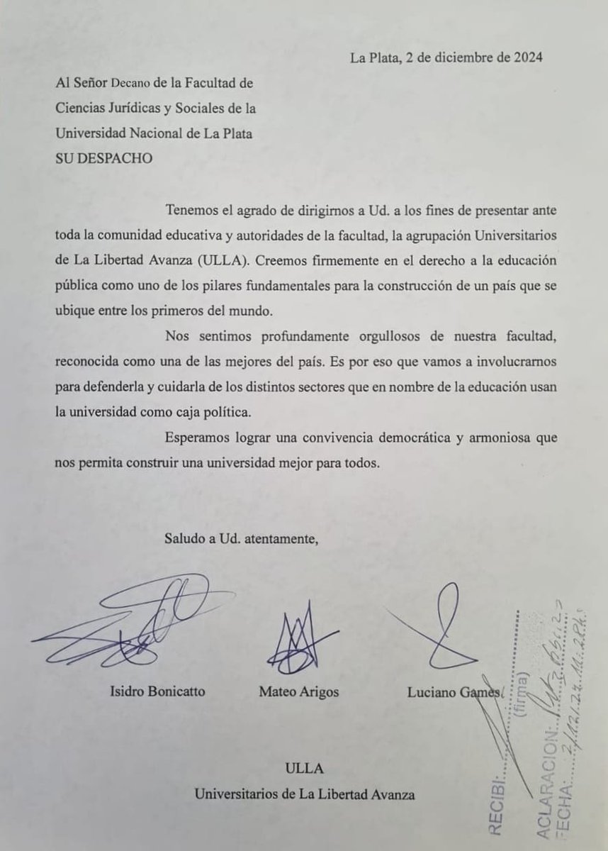 El día de hoy presentamos una nota anunciando la llegada de Universitarios de La Libertad Avanza a la Facultad de Ciencias Jurídicas y Sociales de la UNLP.

Nos sentimos honrados de estudiar en una de las universidades más prestigiosas del país, es por eso que vamos defenderla
