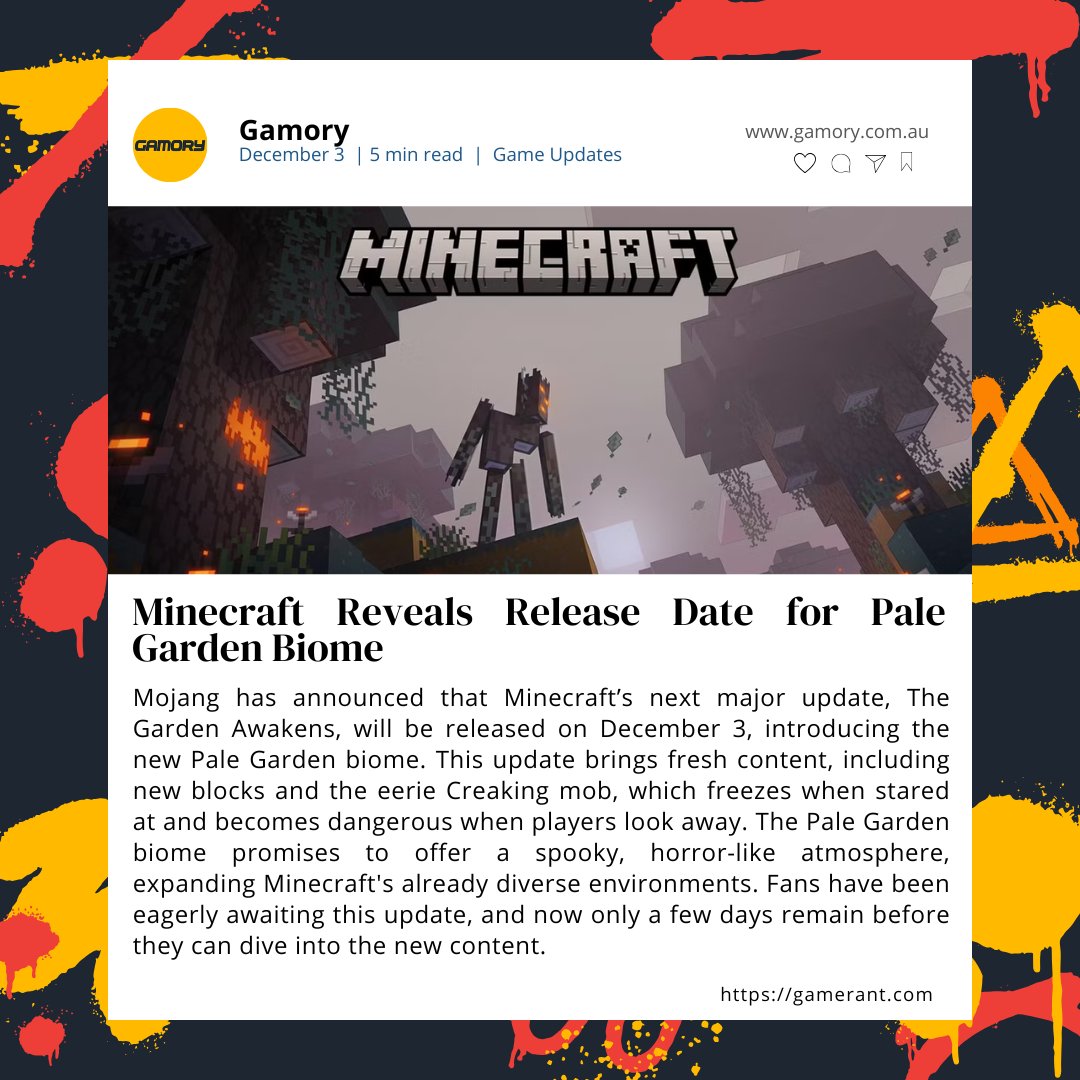 Gamory_AU's tweet image. #LatestNews in the #GamingWorld 👾

💥Minecraft Reveals Release Date for Pale Garden Biome💥

Get ready for an eerie new adventure in Minecraft!🌿

Get your copy now and prepare for a whole new world of thrills!🔥

➡️gamory.com.au/collections/al…

#MinecraftUpdates#minecraftnews#Gamory