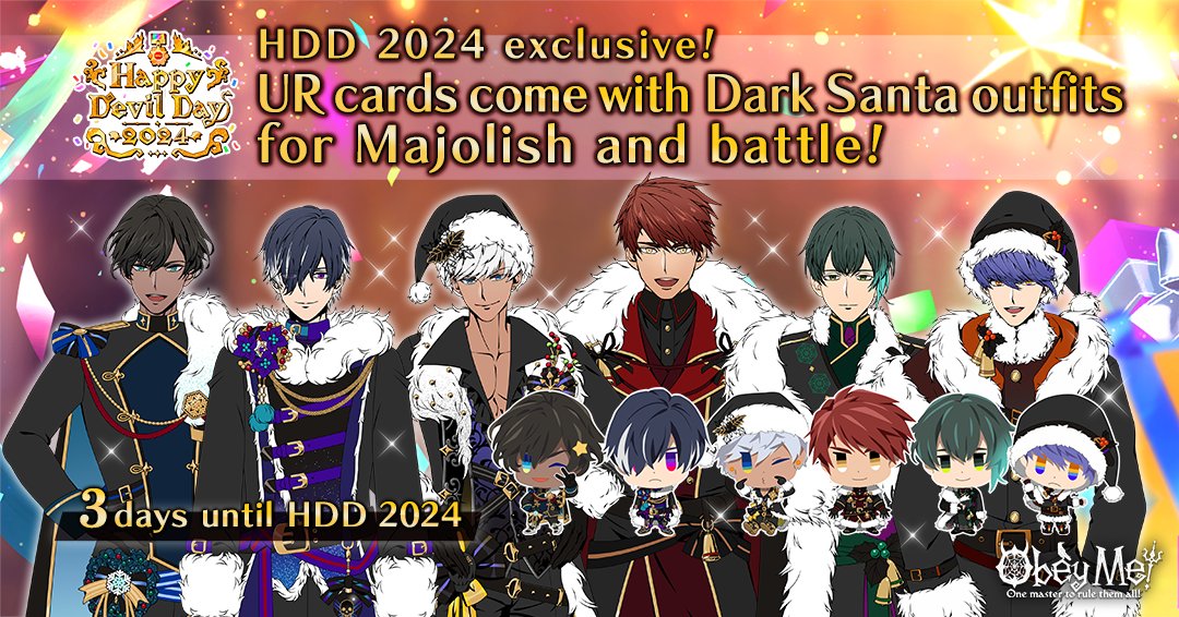 ObeyMeOriginal's tweet image. ＼3 days until HDD 2024／
Nightmare and Pop Quiz events come with Dark Santa outfits for Majolish and battle 👔♡
Participate in the event and get your hand on HDD 2024-exclusive outfits. 

#HDD2024 #Obeyme #obeymemasters #obeymejp #SWD #otome #game
