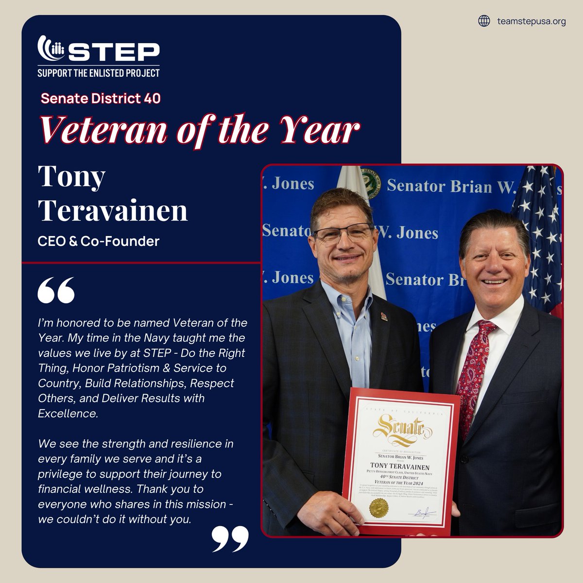 teamstepusa's tweet photo. Congratulations to our CEO and co-founder for being named Veteran of the Year!
Through his leadership and vision, STEP continues to support the strength and resilience of military and Veteran families on their journey to financial wellness. π
#stepexperian #militaryfamily https://t.co/s3BsDZqTXe