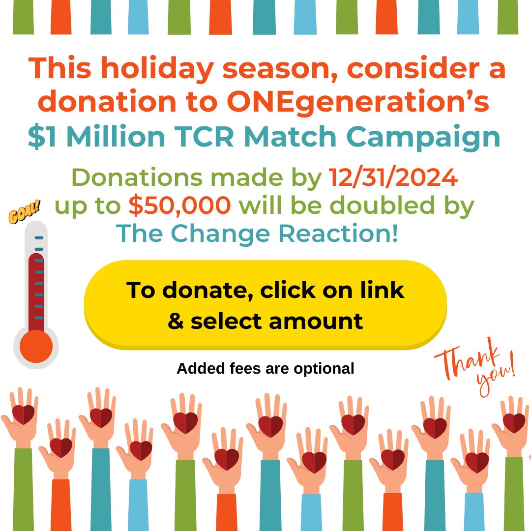 Please support ONEgeneration this #GivingTuesday! All donations made through 12/31/2024 will be match by <a href="/ReactionChange/">The Change Reaction</a>. Click here for our campaign page via Give Butter: givebutter.com/TCR2024Match/O… Your contribution will support our many programs.  #gratitude #seasonofgiving