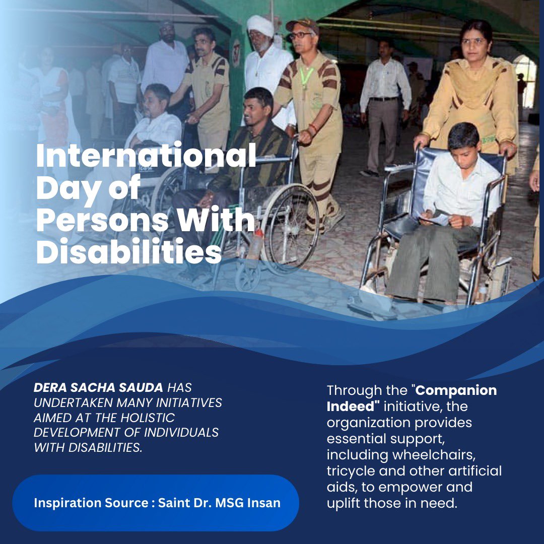Jaiya_Thakur07's tweet photo. Some people are disabled due to various reasons. Under the inspiration of Saint Dr MSG Insan, wheelchairs, tricycles and artificial limbs have been provided by the sevadars of Dera Sacha Sauda to assist him. #InternationalDayOfPersonswithDisabilities
 #IDPD2024 https://t.co/Y2Pga2sW39