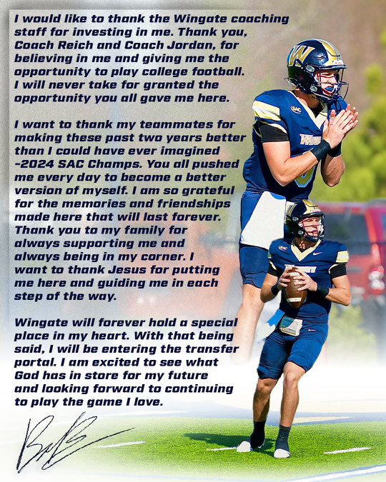 16-3 as a starter
2024 SAC champions 
2023 Freshman of the year 
2024 all conference piedmont 
3 years of eligibility left  
Film- hudl.com/v/2R0j4K