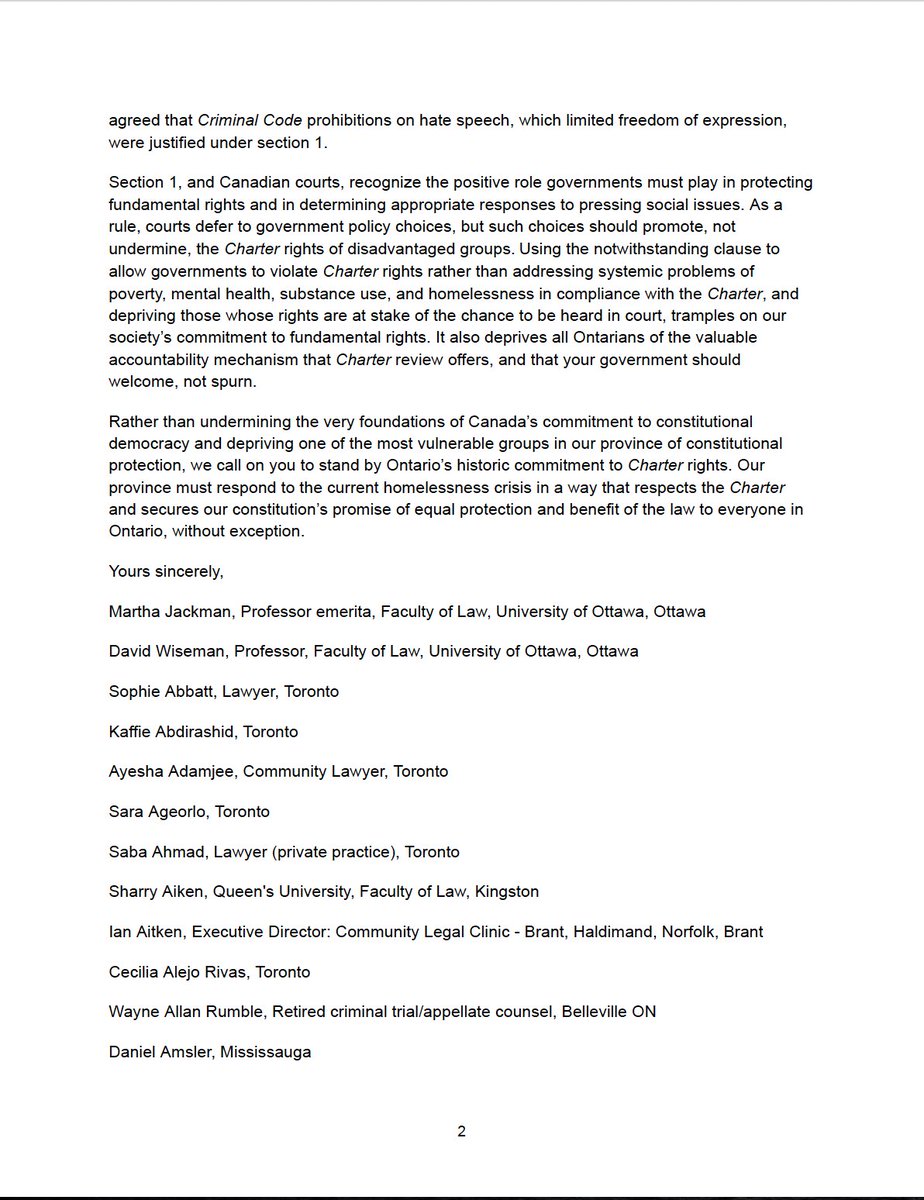 450 members of Ontario's legal community have written a letter to <a href="/fordnation/">Doug Ford</a>, calling the use of the Notwithstanding Clause to strip the constitutional rights of homeless people an abuse. You can view the full letter and all of the signatories here:  drive.google.com/file/d/1F3hNH3…
