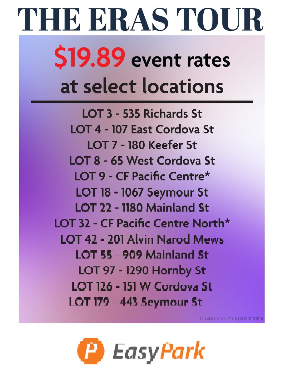 Going to The Eras Tour? 🕺🎶

At select locations EasyPark is offering special rates of $19.89!

Why?

Because we never go out of style.