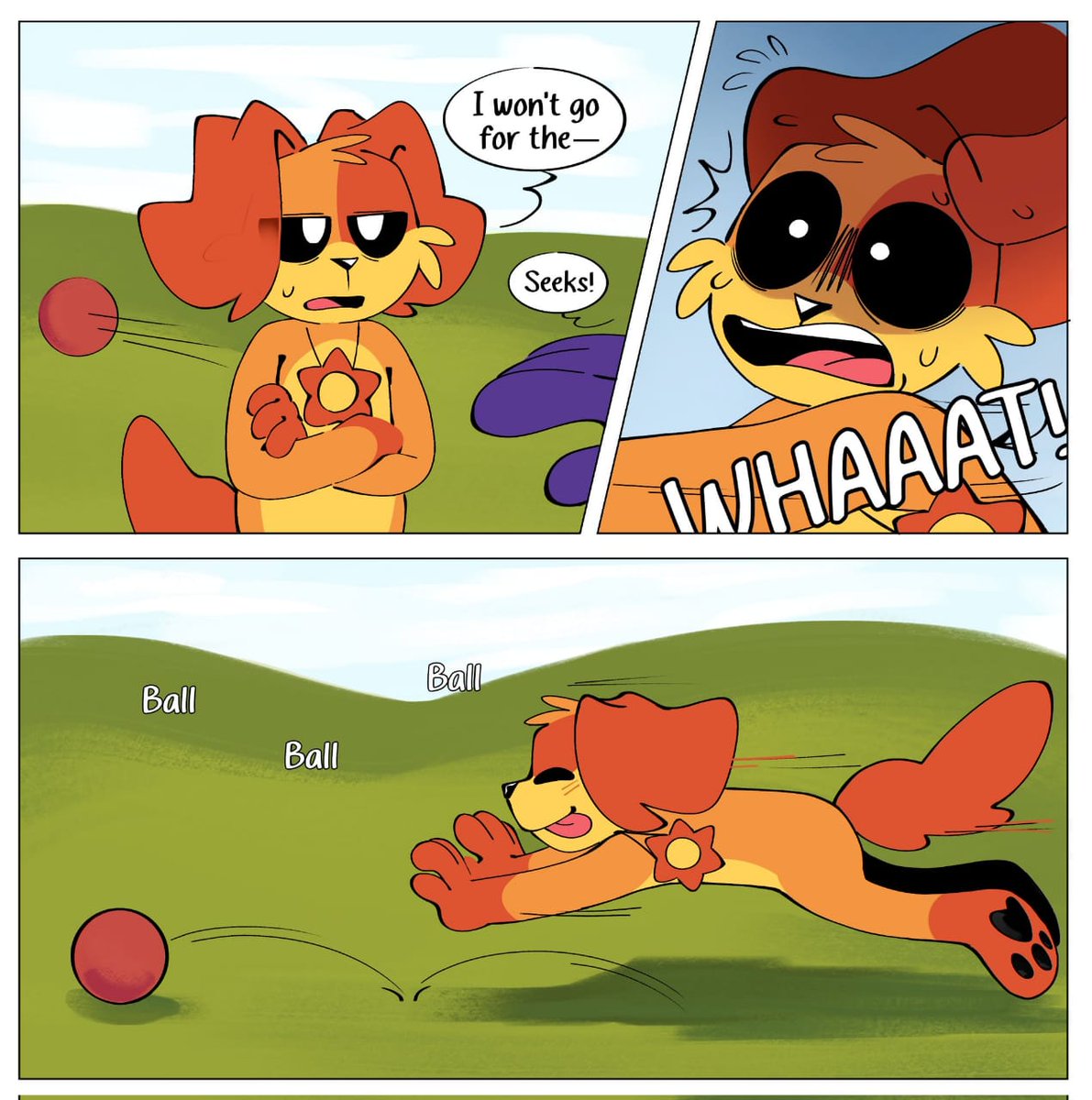 🌙🟣 – Vamos a jugar DogDay, yo lanzo la pelota y tú vas por ella.

🔆🧡 – no estoy de humor catnap... No voy a ir por la...

🌙🟣 – ATRAPA.
[-diria el gato para después lanzar la pelota-]

🔆🧡– ¡PELOTA PELOTA! [-corre detrás de la pelota lo más rápido que puede-]

Cr: <a href="/_Skebfu/">Skeb ☕</a>