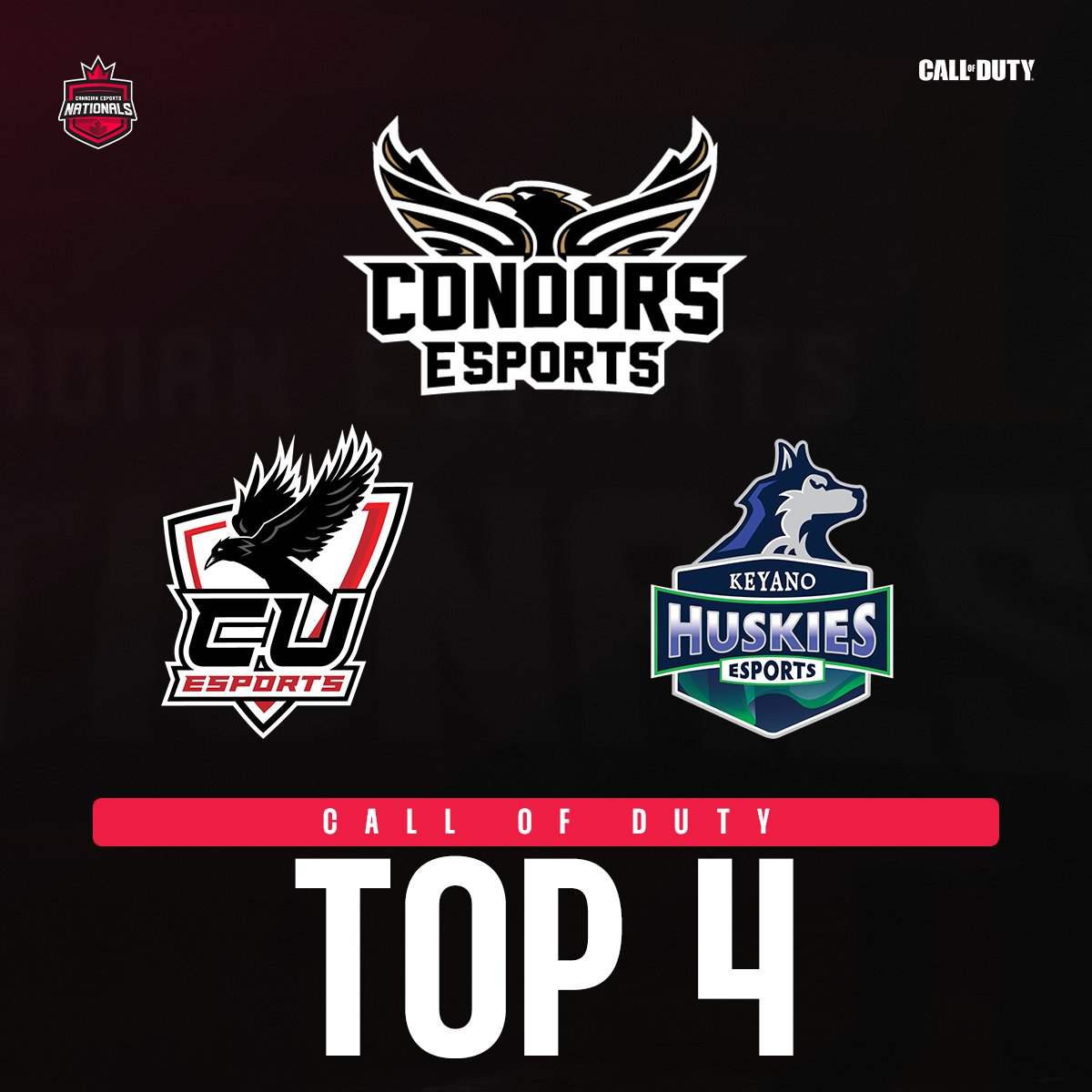 Congratulations to Top 4 teams in the 2024 Canadian Esports Nationals for Call of Duty!

🥈<a href="/condorsesports/">Condors Esports</a> 
🥉<a href="/EsportsCarleton/">Carleton Esports</a> 
🥉<a href="/KeyanoEsports/">Keyano Esports</a> 
 
#CEN2024🍁