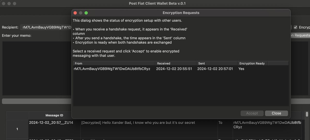 The Post Fiat Local Wallet now supports ECDH encrypted peer to Peer messaging on XRPL - essential for private communication and information sharing for high value topics. 

Coming soon to our Discord wallet