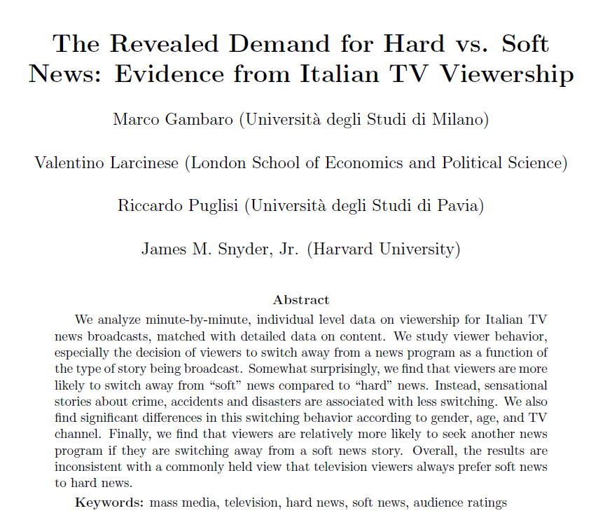 Riccardo Puglisi (@ricpuglisi) on Twitter photo Audiences Prefer Hard News Over Soft: Insights from Minute-by-Minute Viewership of Italian TV News Broadcasts
A new study by <a href="/MaGambaro/">Marco Gambaro</a>, <a href="/vlarcinese/">Valentino Larcinese</a>, Jim Snyder and myself, just accepted in the Journal of Politics, analyzes viewership of Italian TV news broadcasts (2009–2010). Audiences Prefer Hard News Over Soft: Insights from Minute-by-Minute Viewership of Italian TV News Broadcasts
A new study by <a href="/MaGambaro/">Marco Gambaro</a>, <a href="/vlarcinese/">Valentino Larcinese</a>, Jim Snyder and myself, just accepted in the Journal of Politics, analyzes viewership of Italian TV news broadcasts (2009–2010).
