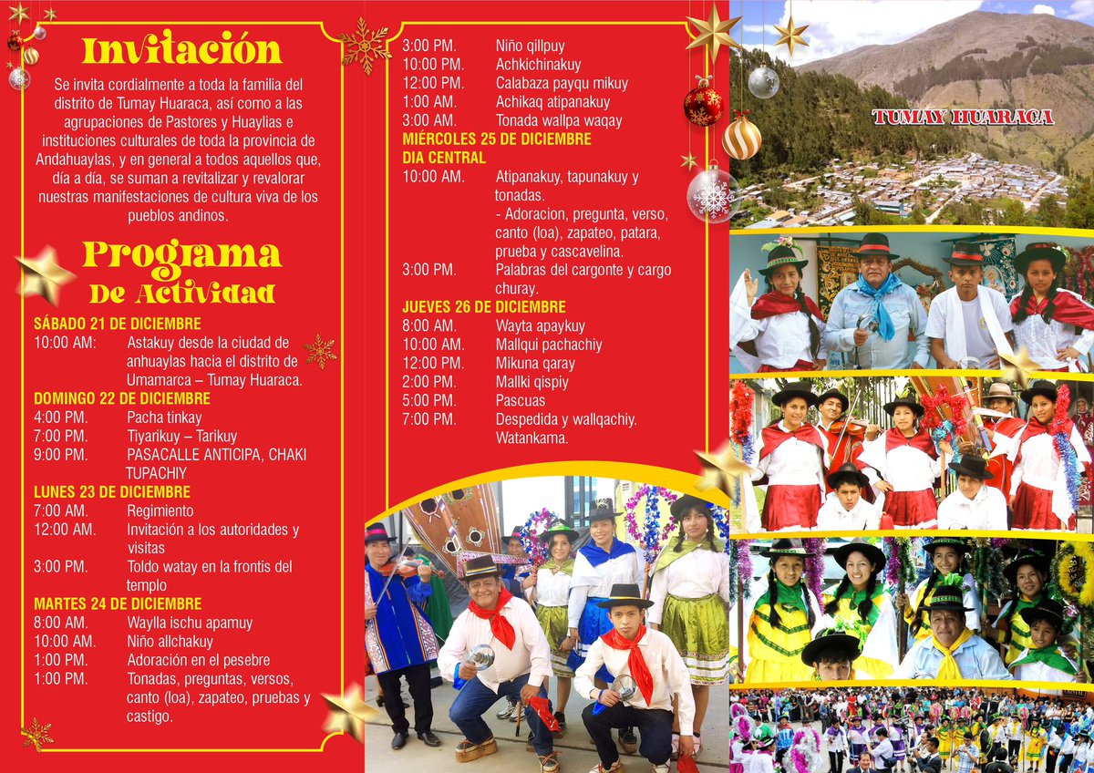 Con mucha emoción, quiero compartirles que estoy asumiendo la gran responsabilidad de ser el mayordomo de la tradicional Fiesta Costumbrista Navideña en honor al nacimiento del Niño Jesús, en mi distrito de Tumay Huaraca – Andahuaylas, Apurímac.
Del 22 al 26 de diciembre del 2024
