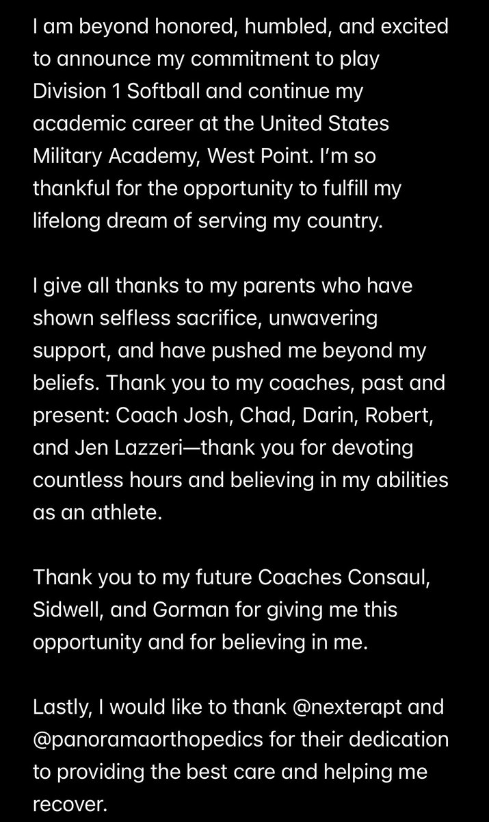 Kendall Holloway (@kendallhollow) on Twitter photo COMMITTED!! GO ARMY šāļøš¤
Thank you <a href="/JenConsaul/">Jen Consaul</a> <a href="/SidwellRob/">Rob Sidwell</a> <a href="/jessgorman01/">Jess Gorman</a> for this remarkable opportunity.
Thank you to my past coaches, <a href="/Dadof4Morgans/">Josh Morgan</a> <a href="/cobatbusters06/">Chad Burgess</a> <a href="/darin_shepard/">Darin Shepard</a> <a href="/Robert_Softball/">Robert</a>, for your commitment to my development.
#dutyhonorcountry COMMITTED!! GO ARMY šāļøš¤
Thank you <a href="/JenConsaul/">Jen Consaul</a> <a href="/SidwellRob/">Rob Sidwell</a> <a href="/jessgorman01/">Jess Gorman</a> for this remarkable opportunity.
Thank you to my past coaches, <a href="/Dadof4Morgans/">Josh Morgan</a> <a href="/cobatbusters06/">Chad Burgess</a> <a href="/darin_shepard/">Darin Shepard</a> <a href="/Robert_Softball/">Robert</a>, for your commitment to my development.
#dutyhonorcountry