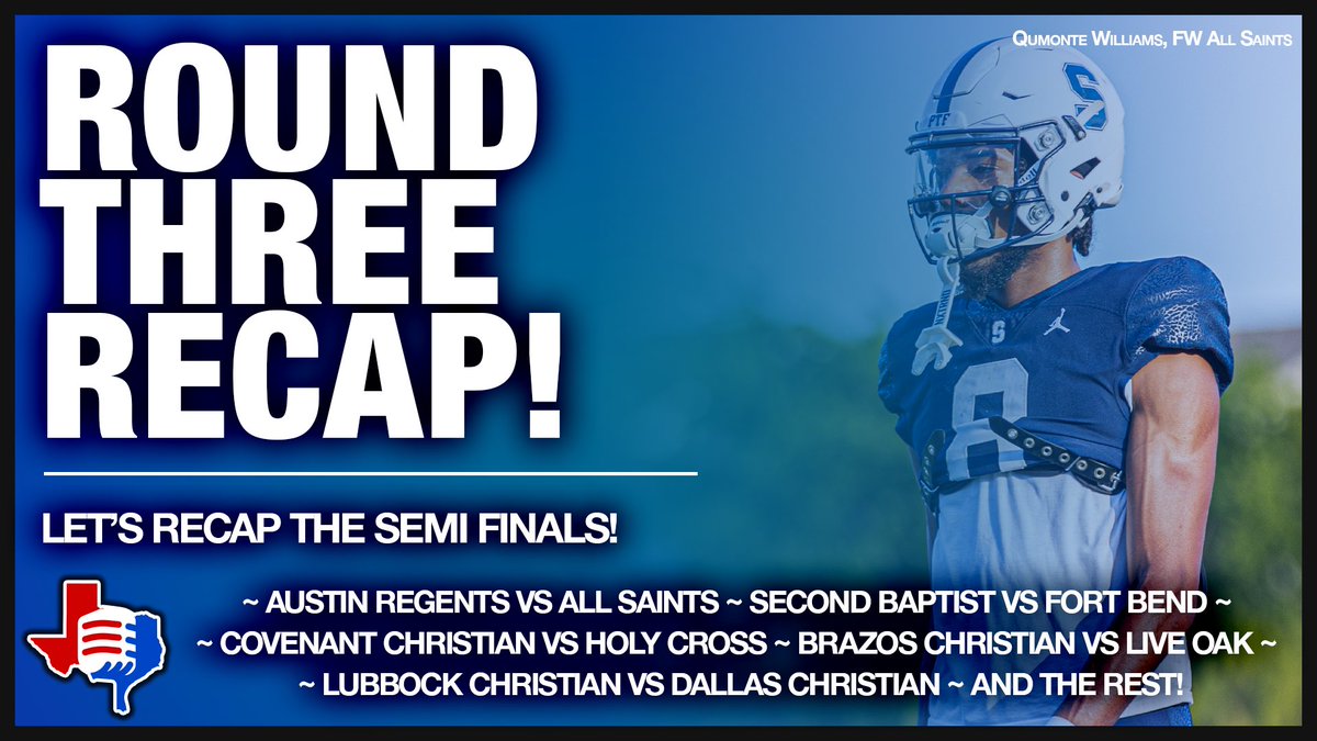 Texas Private School Media (@txpsmedia) on Twitter photo 🚨NEW EPISODE OUT NOW!🚨
ROUND THREE RECAP!
Wes, Walker, and Ryan sit down and recap our top five games of the week plus the rest of the slate!
<a href="/FBCAathletics/">Fort Bend Christian Academy Athletics</a> vs <a href="/SBS_Athletics/">SecondBaptistSchoolAthletics</a>
<a href="/RSA_Athletics/">Regents Athletics</a> vs <a href="/PTFFootball/">All Saints' Football</a>
<a href="/CCAhsathletics/">CCA Athletics</a> vs <a href="/HolyCrossofSAFB/">Holy Cross of San Antonio Football</a>
<a href="/LCEagleFootball/">LC Football</a> vs 🚨NEW EPISODE OUT NOW!🚨
ROUND THREE RECAP!
Wes, Walker, and Ryan sit down and recap our top five games of the week plus the rest of the slate!
<a href="/FBCAathletics/">Fort Bend Christian Academy Athletics</a> vs <a href="/SBS_Athletics/">SecondBaptistSchoolAthletics</a>
<a href="/RSA_Athletics/">Regents Athletics</a> vs <a href="/PTFFootball/">All Saints' Football</a>
<a href="/CCAhsathletics/">CCA Athletics</a> vs <a href="/HolyCrossofSAFB/">Holy Cross of San Antonio Football</a>
<a href="/LCEagleFootball/">LC Football</a> vs