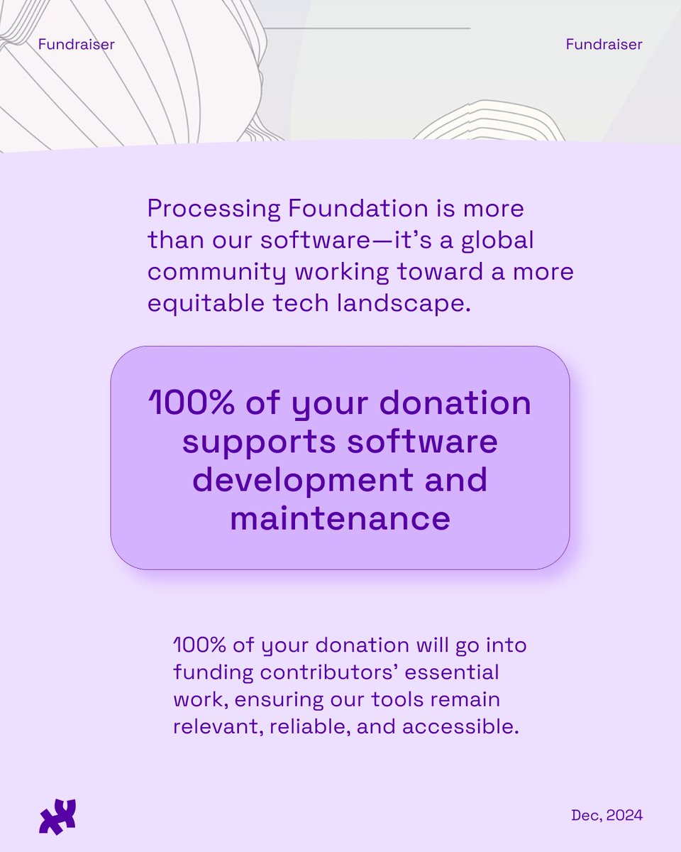 ProcessingOrg's tweet image. Help us raise $20K to build inclusive, equitable, and accessible creative coding tools! Donations support our #opensource projects and dedicated contributors. Processing 4.3.1, p5.js 2.0, and p5.js Editor 2.15 releases are upcoming! Donate today 💜 donorbox.org/building-toget…