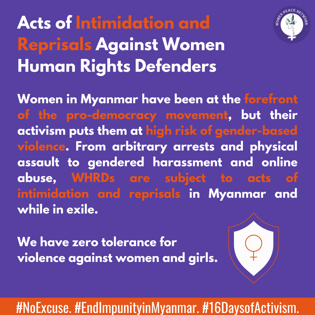 WomensPeaceNW's tweet photo. 🚨Women in #Myanmar have been at the forefront of the pro-democracy movement, but their activism puts them at high risk of gender-based violence.

We have zero tolerance for violence against women and girls❌

#NoExcuse #EndImpunityinMyanmar #16DaysOfActivism https://t.co/lUsFeoke7i