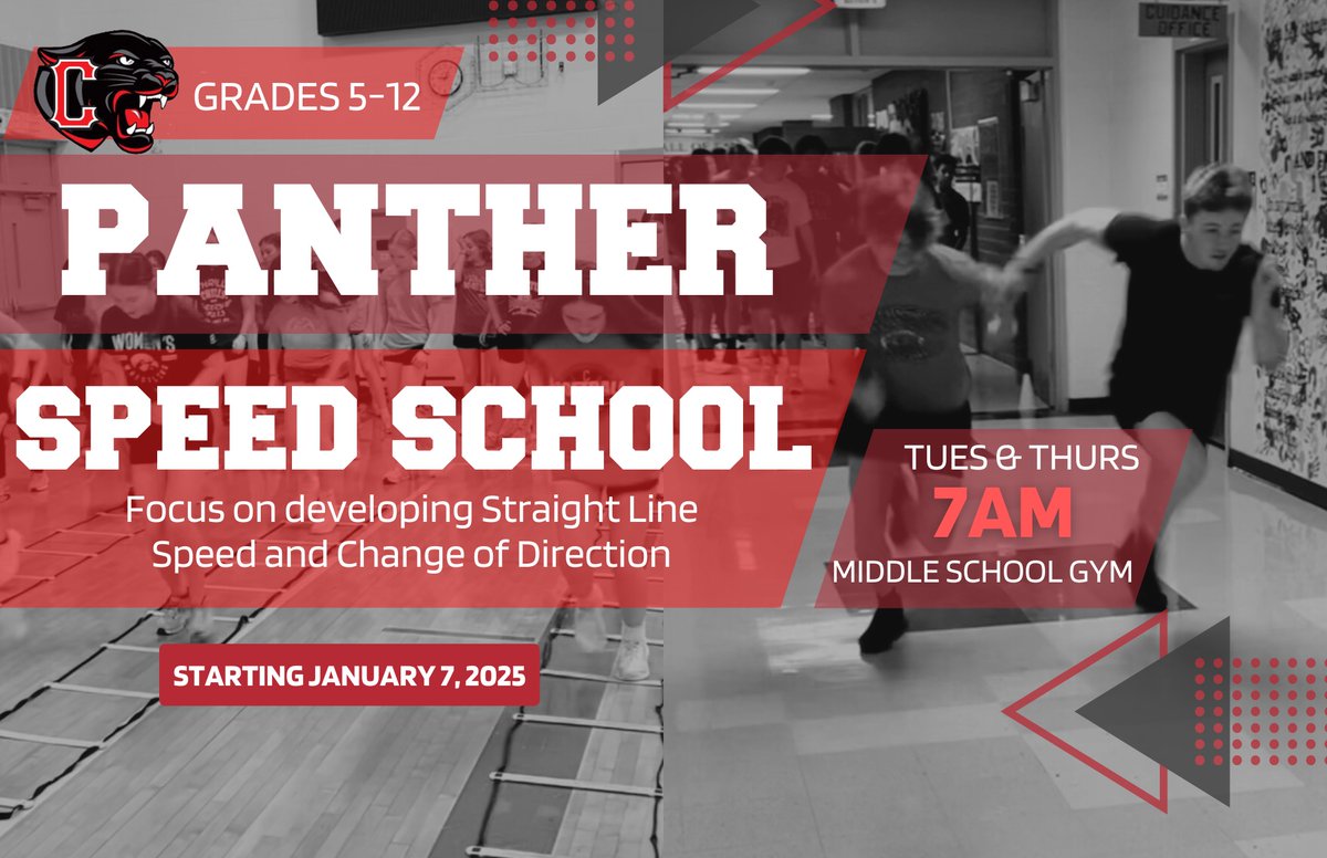 PANTHER SPEED SCHOOL

Who: 5th-12th Grade
When: Tuesday/Thursday Mornings (Starting 1.7.25)
Where: Middle School

Purpose: This FREE Speed School will focus on developing Speed and Quickness for ALL athletes!