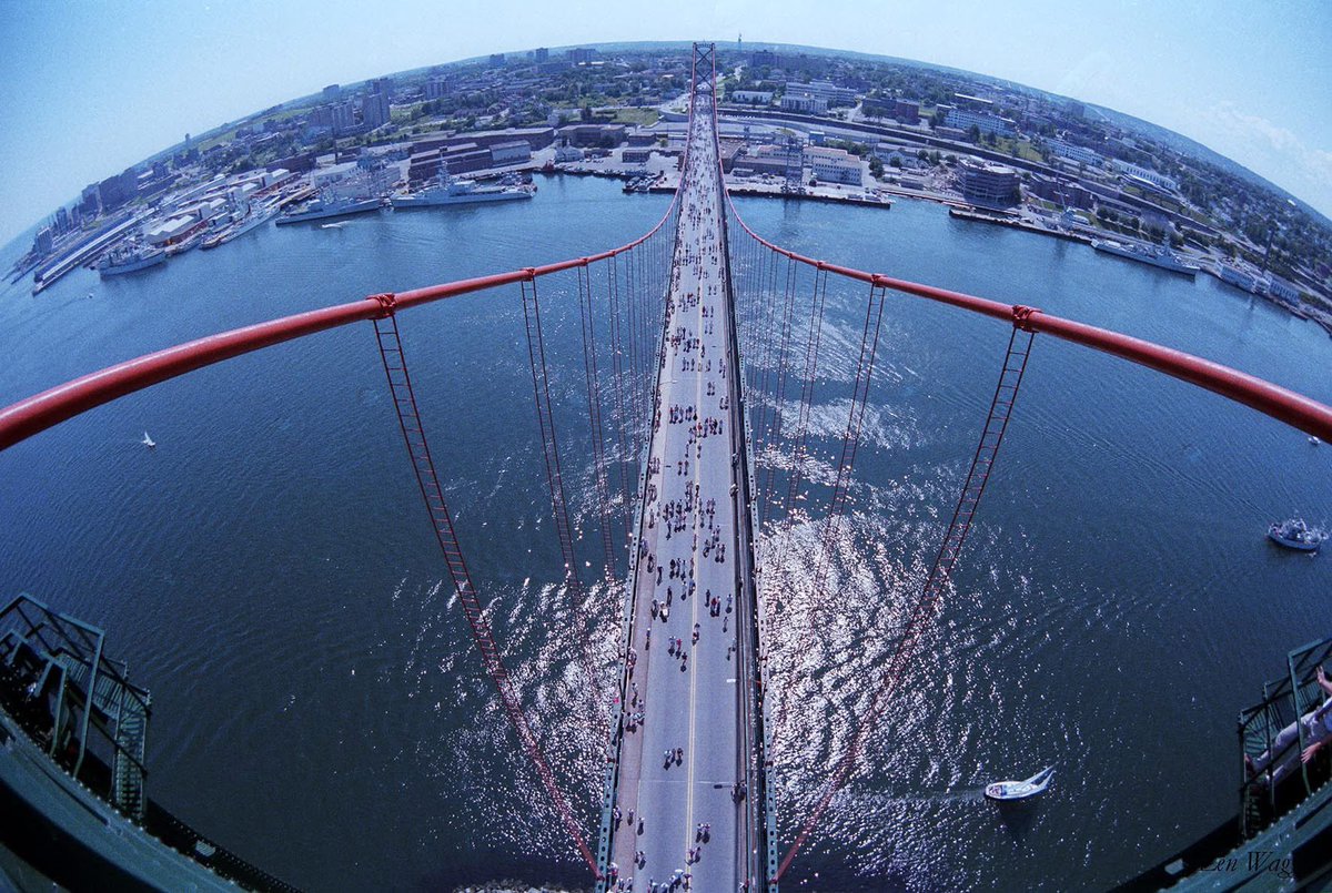 From the files.  The Halifax-Dartmouth bridge walk in the mid eighties. Notice only two lanes and one sidewalk.
Wide angle lens from 308 feet above the water in Halifax, Nova Scotia.  #bridges #bridge #halifax #dartmouth #wideangle #halifaxnoise @hfxnoise
