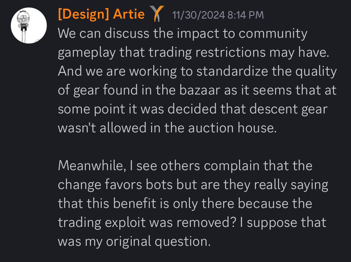 theatmoplex's tweet image. ARTIE: "I see others complain that the change favors bots but are they really saying that this benefit is only there because the trading exploit was removed?" 

Later adds: "...trading via the bazaar... how is that not exploiting a weakness... to circumvent trading restrictions?"
