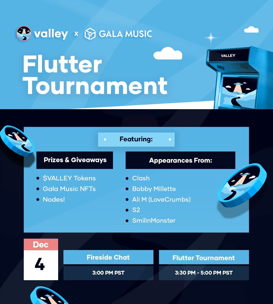 ValleyEcosystem's tweet image. Announcing the Valley x Gala Music Flutter Tournament!

🗓️ Dec 4 | 🕒 3 PM PST
🏆 Prizes: Gala Music Node, Valley Nodes, LabelRadar Mystery Boxes, &amp;amp; more!
🎟️ All players earn Tickets redeemable for $VALLEY!
Don’t miss the updated Flutter debut &amp;amp; live Gala artist stream!…