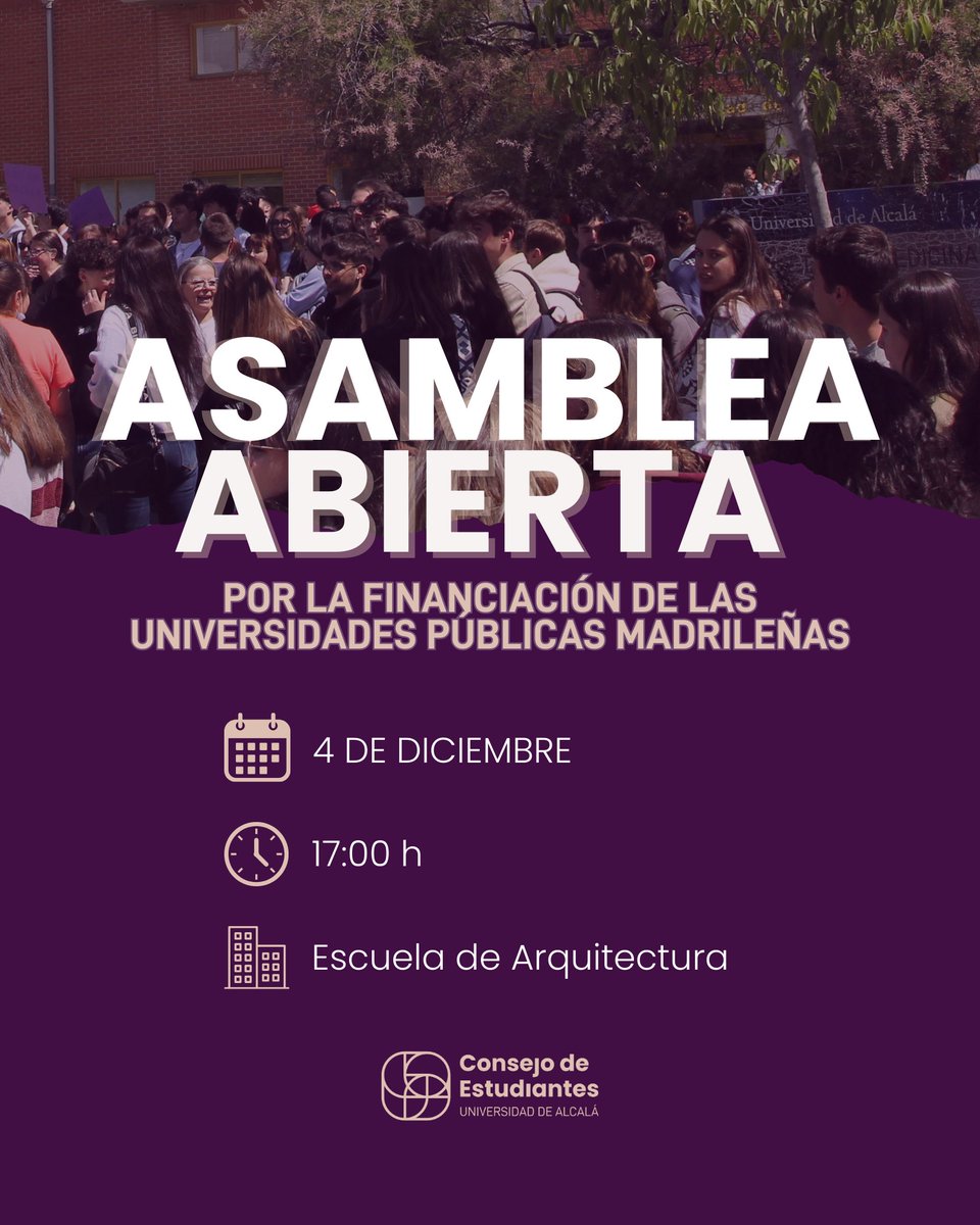 ceuah's tweet photo. 📢Convocamos una Asamblea Abierta a toda la universidad para denunciar el ahogamiento económico que está ejerciendo la Comunidad de Madrid contra las universidades públicas.

Tendrá lugar el miércoles 4 de diciembre a las 17.00h en la Facultad de Arquitectura de la UAH. https://t.co/6U71LNEjzZ