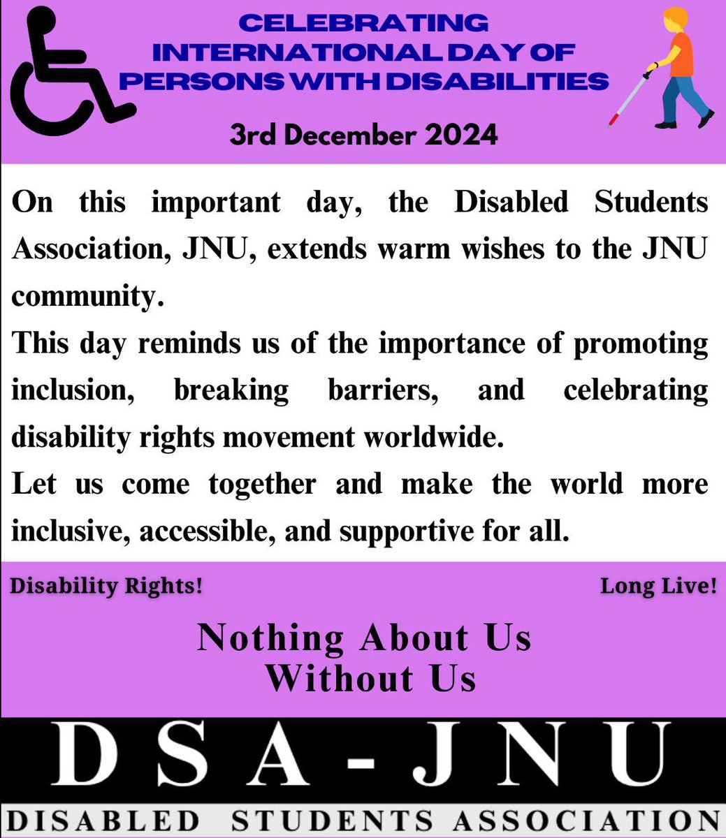 dsajnu_22's tweet photo. 🧵 *Image description:-*
(On the left-hand upper corner, an image of a person with a locomotor disability sitting in a wheelchair)  

*Celebrating International Day of Persons with Disabilities*

*3rd December 2024*

#NothingAboutUsWithoutUs https://t.co/jxSvTFAr2f
