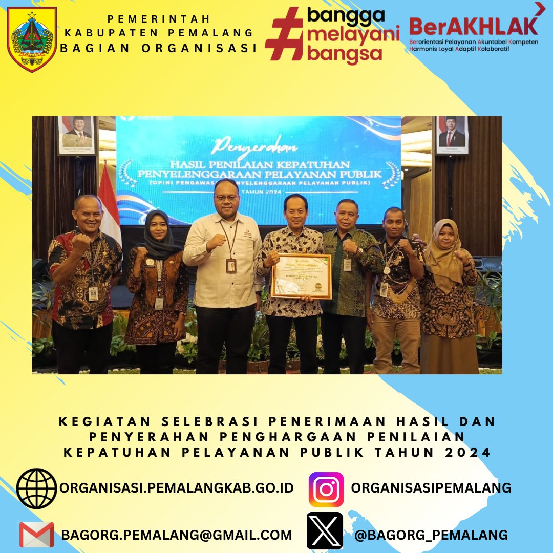 Senin 2 Desember 2024, Heriyanto, S.Pd.,M.Si. selaku Sekretaris Daerah Kabupaten Pemalang menghadiri Kegiatan Selebrasi Penerimaan Hasil dan Penyerahan Penghargaan Penilaian Kepatuhan Pelayanan Publik Tahun 2024 oleh Ombudsman Republik Indonesia