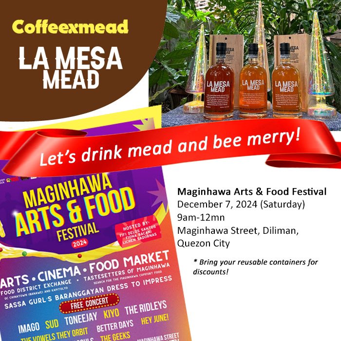 coffeexmead's tweet image. Catch us on our next pop-up:

Maginhawa Arts &amp;amp; Food Festival
December 7, 2024 (Saturday)
9am-12mn
Maginhawa Street, Diliman, Quezon City
#MaginhawaExperience #MaginhawaFC #MAFF2024 #TayoAngQC
* Bring your reusable flasks &amp;amp; containers!