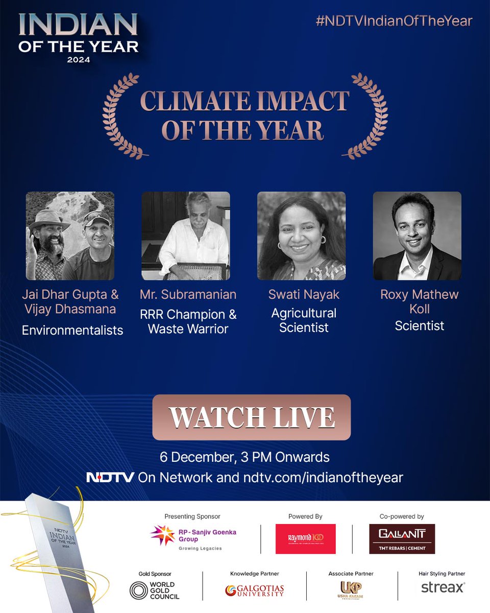 ndtv's tweet photo. #NDTVIndianOfTheYear: NDTV presents Indian of the Year 2024.   

Tune in to know which of these stellar nominees win the Climate Impact of the Year Award 2024!

🗓️ December 6
🕰️ 3 PM Onwards
📺 NDTV 24X7
🖇️ https://t.co/y9yNN3UT8R

To know more, log on to https://t.co/llRF89UxfA

Presenting Sponsor: RP-Sanjiv Goenka Group
Powered by: Wardrobe partner, Raymond (@TheRaymond_RLL)
Co-powered by: Gallant (@Gallantt_Group)
Gold Partner: World Gold Council
Knowledge Partner: Galgotia University (@GalgotiasGU)
Associate Partner: Usha Kakade Production (@UshaKakadeProd)
Hair Styling Partner: Streax

Along with Grant Thornton Bharat (@GrantThorntonIN) as Consulting Partner for the awards 

@jai_dhar @nayak_swati @RockSea