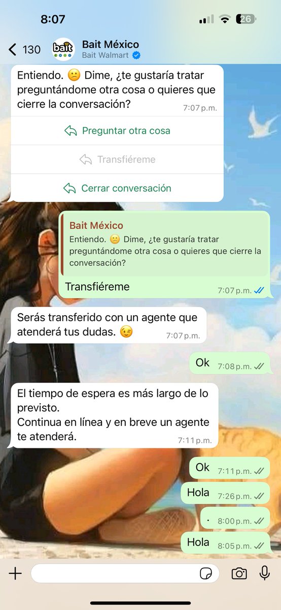 marthaeag's tweet photo. @baitmxoficial una hora esperando que me contacten con un asesor vía WhatsApp 🤷🏻‍♀️ https://t.co/pc3d19FPih