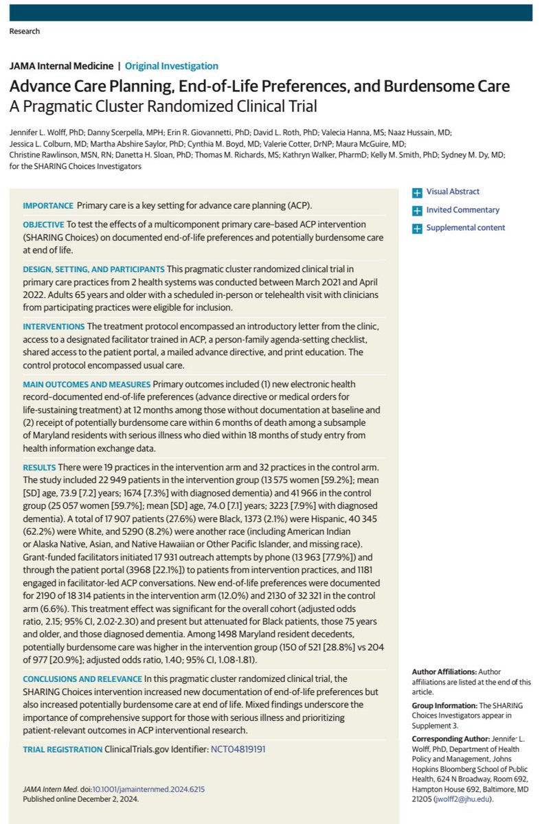RyanNipp's tweet image. Advance Care Planning, End-of-Life Preferences, and Burdensome Care: A Pragmatic Cluster Randomized Clinical Trial.

jamanetwork.com/journals/jamai…

@JAMA_current @JAMAInternalMed 
#PalliativeCare #hpm #PallOnc 
@HopkinsMedicine @SydneyMDy1 @JohnsHopkinsSPH
