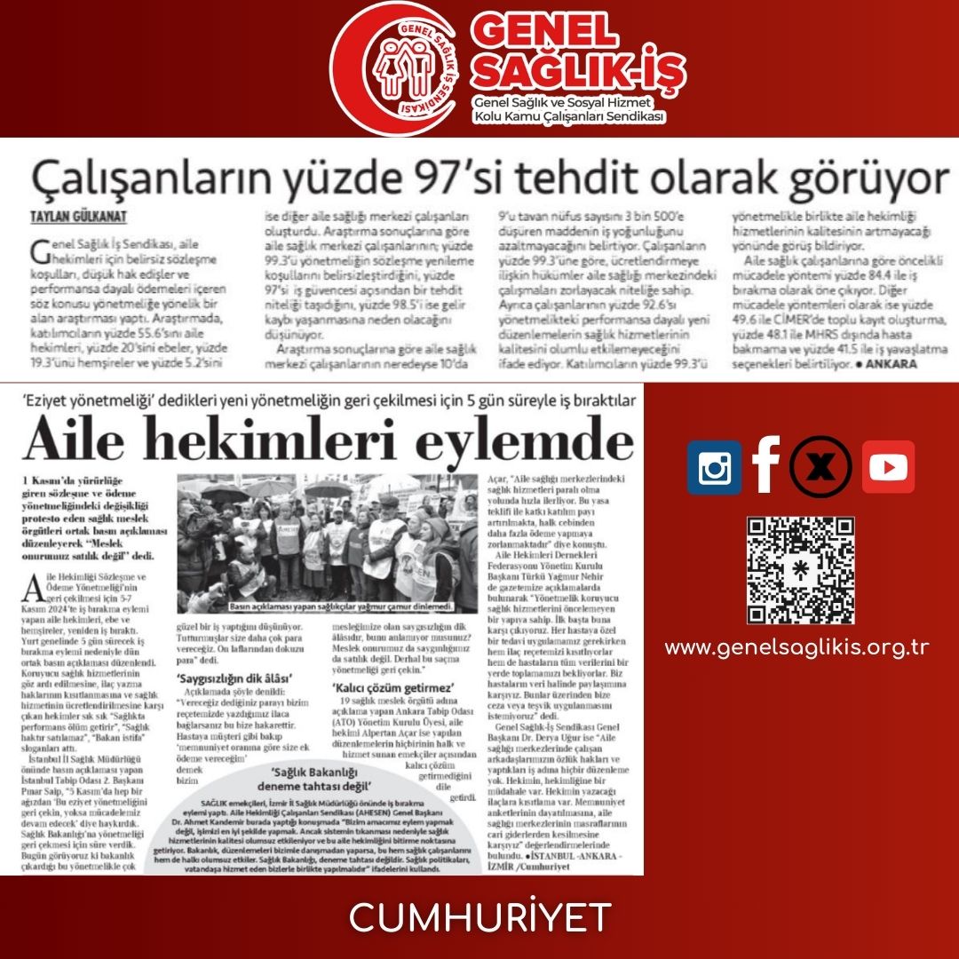 genelsaglikis's tweet photo. Aile sağlık merkezi çalışanlarının yüzde 97’si yeni yönetmeliği ‘tehdit’ olarak görüyor / Cumhuriyet 

Genel Sağlık-İş’in yaptığı araştırmanın sonuçlarına göre; aile sağlık merkezi çalışanlarının yüzde 97’si, yeni yönetmeliğin iş güvencesi açısından bir tehdit niteliği taşıdığını belirtiyor. Aile hekimleri 1 Kasım’da yürürlüğe konan “Aile Hekimliği Sözleşme ve Ödeme Yönetmeliği’nde Değişiklik Yapılmasına Dair Yönetmeliği” protesto ediyor. Hekimler “eziyet yönetmeliği” olarak isimlendirdiği yönetmeliğe karşı 5-6-7 Kasım tarihlerinde iş bırakmışlardı. Şimdi ise bugünden 6 Aralık tarihine kadar iş bırakacak. Genel Sağlık-İş Sendikası ise, aile hekimleri için belirsiz sözleşme koşulları, düşük hak edişler ve performansa dayalı ödemeleri içeren söz konusu yönetmeliğe yönelik bir alan araştırması yaptı.  

HABER LİNKLERİ: https://t.co/Q5tJnTMUPr / Aile sağlık merkezi çalışanlarının yüzde 97’si yeni yönetmeliği ‘tehdit’ olarak görüyor 

https://t.co/VIgqPTAl8V / Hekimin ilaç yazmasına ‘kısıtlama’ geliyor: İktidar halkın cebine ‘göz’ dikti 

#alanaraştırması #ailehekimliği #eziyetyönetmeliği #ailesağlıkmerkeziçalışanları 
@cumhuriyetgzt @gulkanattaylan