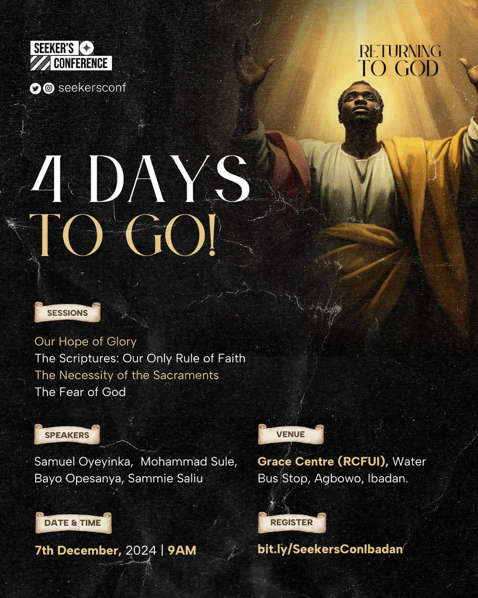 seekersconf's tweet photo. Seekers Conference is in 4 days!
Please click the link below to register now.
https://t.co/TjbA19vUHS

See you in Ibadan! 🔥

#ReturningToGod #SeekersConference https://t.co/EN5czUAhZm