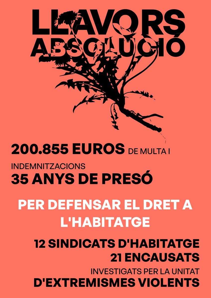 llavorsabsol's tweet photo. Ens ha arribat l'escrit d'acusació de la Fiscalia i de la Generalitat. Ens demanen 200.855 euros i 35 anys de presó. Nosaltres seguirem defensant els dret a l'habitatge i fent front a la repressió!
Ens vols ajudar a fer front a les multes? https://t.co/krUTuqfMv1 https://t.co/TtA6WVkzCB