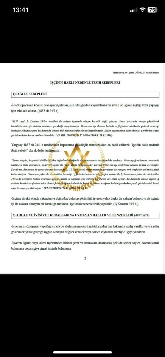 AvTarikCilekci's tweet photo. HUKUK SİSTEMİMİZDE İŞÇİYE HAKLI NEDENLE FESİH İMKANI SAĞLAYAN TÜM DURUMLAR:⏬

( Yargıtay içtihatları ile işyerinden tüm işçilik alacaklarını alarak ayrılmasını sağlayabilecek haklı fesih nedenleri) 

Via Av.Şafak Uğurlu https://t.co/Zp17pUHP8S