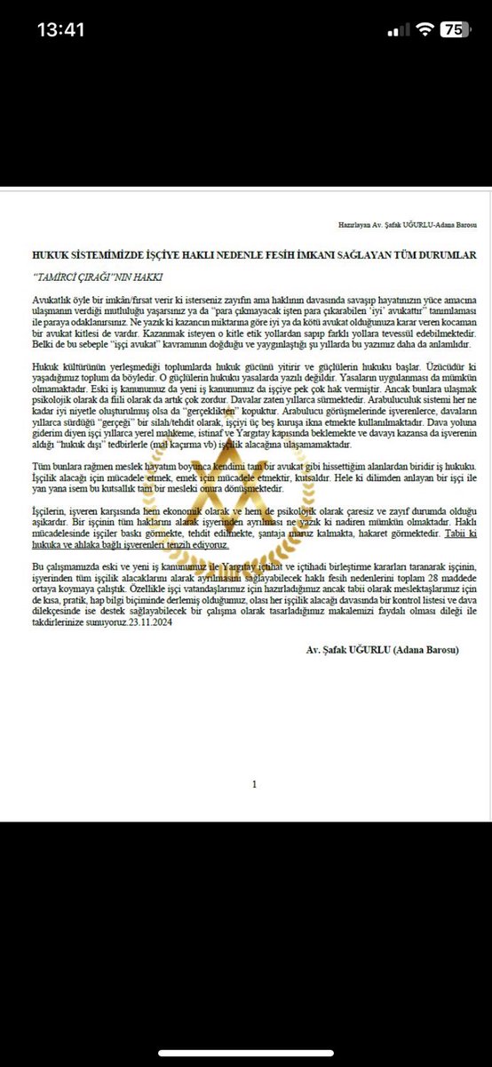 AvTarikCilekci's tweet photo. HUKUK SİSTEMİMİZDE İŞÇİYE HAKLI NEDENLE FESİH İMKANI SAĞLAYAN TÜM DURUMLAR:⏬

( Yargıtay içtihatları ile işyerinden tüm işçilik alacaklarını alarak ayrılmasını sağlayabilecek haklı fesih nedenleri) 

Via Av.Şafak Uğurlu https://t.co/Zp17pUHP8S