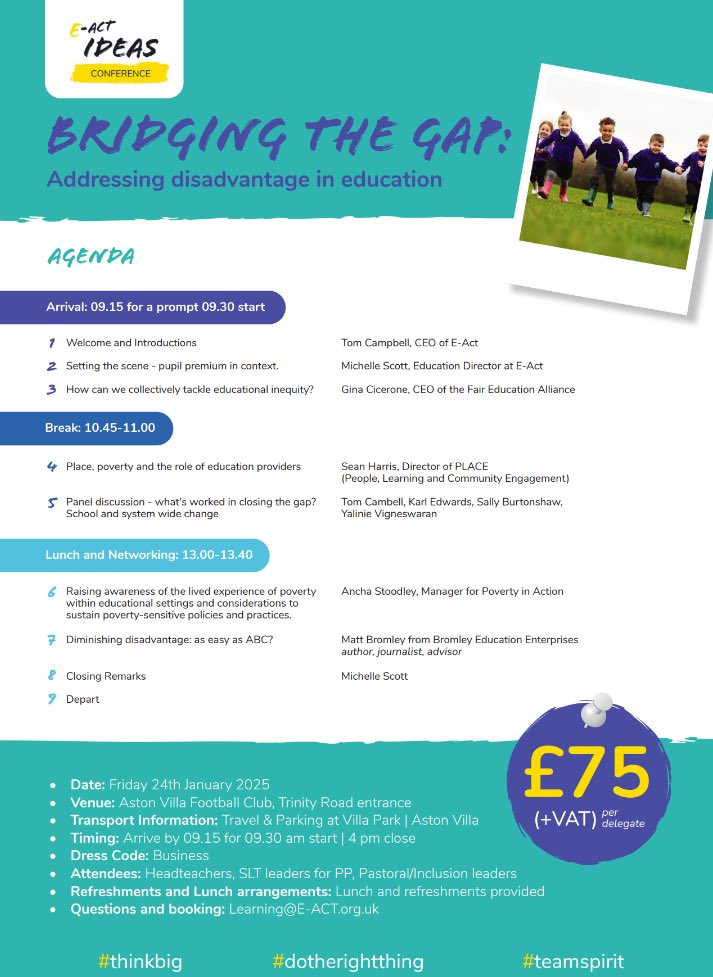 Save the date! 🗓️
The E-ACT Ideas conference 2025 is here!
•When: Fri, 24th Jan
•Where: Aston Villa FC
Let’s tackle educational inequality together w/ leaders like Gina Cicerone, Sean Harris, Tom Campbell &amp; more. 🙌
🎟️ Book now: lnkd.in/eY_qetmf
#WeAreEACT