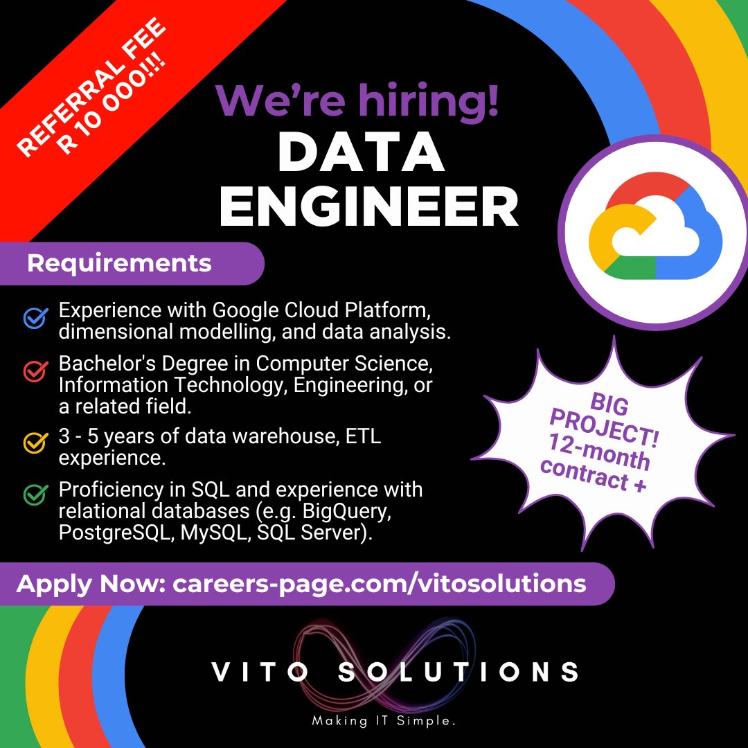 vitosolutions's tweet photo. If you thrive in fast-paced environments, bring a detail-oriented mindset, &amp; love solving complex problems? We’d love for you to join the Team. Not for you? Refer someone &amp; we'll reward you with a referral fee of R10 000 if they get the job! T&amp;Cs apply.

https://t.co/FHuacHTGwa https://t.co/5QSbHxugGF