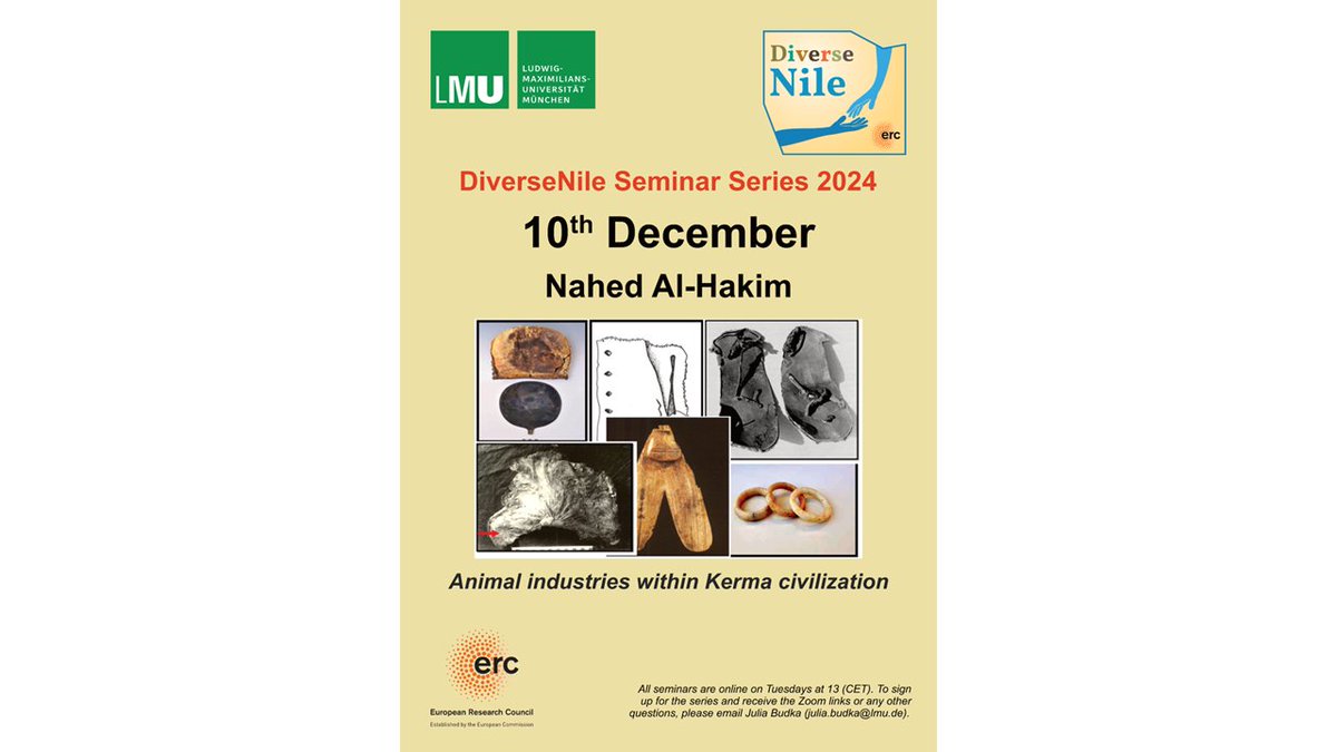 We are excited to announce the next (and final) DiverseNile Seminar 2024: Nahed Al-Hakim will speak about animal industries within Kerma civilization - a very rich and important topic! Join us on Dec. 10, 1pm CET #Kerma #Sudan #animals sudansurvey.gwi.uni-muenchen.de/index.php/2024…