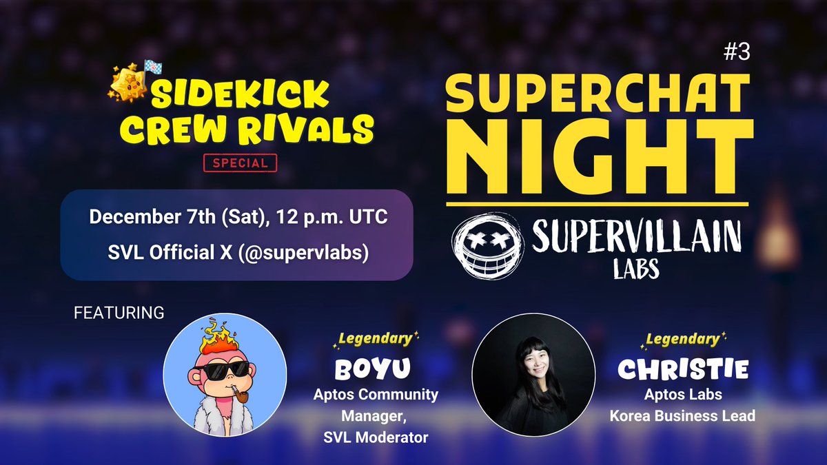 😈Superchat Night Ep. 3 is coming!
December 7, 2024, 12 PM UTC

We’ve invited guest speakers <a href="/christie_lee/"></a> and <a href="/chenboyu0413/">boyu.apt</a>, our awesome friends and proud holders of multiple Legendary Sidekicks. They might even become the leading forces of their Crews! (Any guesses which Crew