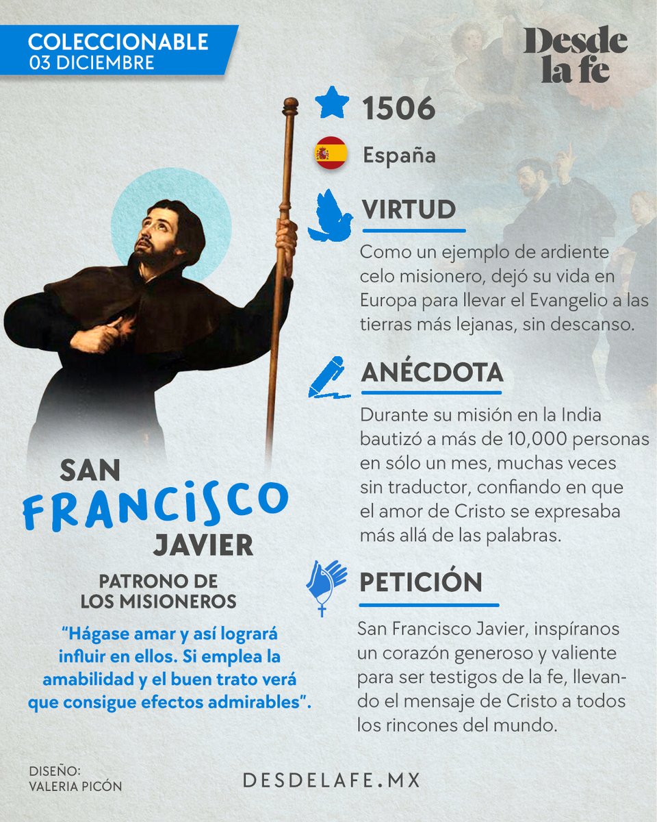 #SantoDelDia 📅 Cada 3 de diciembre, la Iglesia celebra a san Francisco Javier, uno de los primeros misioneros jesuitas. ¡Conoce más sobre él! 😊👉 desdelafe.mx/noticias/sabia…