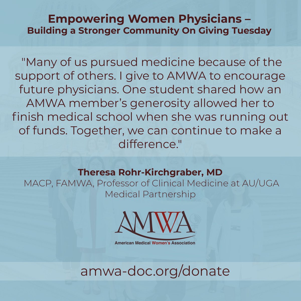 AMWA Doctors (@amwadoctors) on Twitter photo Together, we will broaden our effectiveness and uplift the future of women physicians. Every dollar makes a difference — We hope you will remember AMWA in your giving this year. DONATE: bit.ly/donateamwa
#EmpoweringWomenPhysicians #WomenInMedicine  #givingtuesday Together, we will broaden our effectiveness and uplift the future of women physicians. Every dollar makes a difference — We hope you will remember AMWA in your giving this year. DONATE: bit.ly/donateamwa
#EmpoweringWomenPhysicians #WomenInMedicine  #givingtuesday