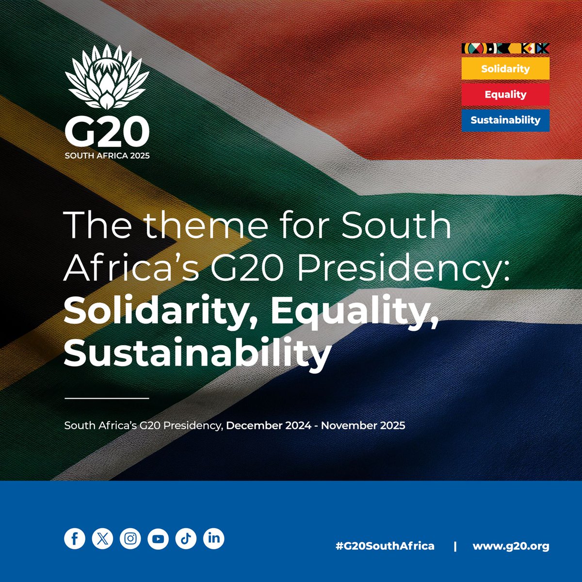 g20org's tweet photo. South Africa's theme for its G20 Presidency: Solidarity, Equality, Sustainability’. In advancing the theme, SA will emphasise collective efforts to ensure a fair global order meeting needs of the present, whilst considering the future.

#G20SouthAfrica🇿🇦
#BetterAfricaBetterWorld https://t.co/Ez4xZAr0wl